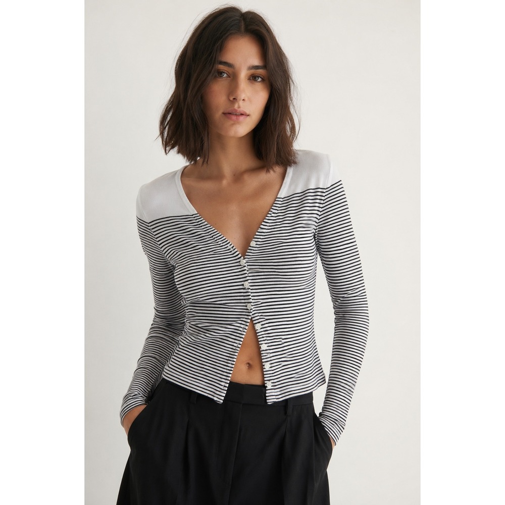 Rag & Bone Knit Striped Vee Cardigan Black White V-Neck Button Front Medium